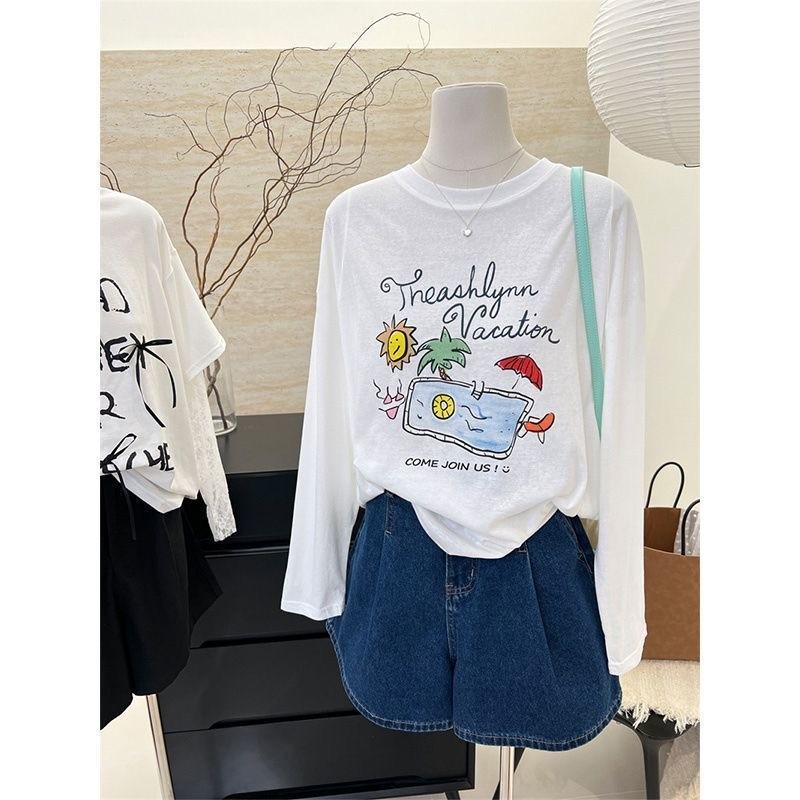 เสื้อยืดแขนยาวพิมพ์ลายอเมริกันสำหรับผู้หญิง อินเทรนด์