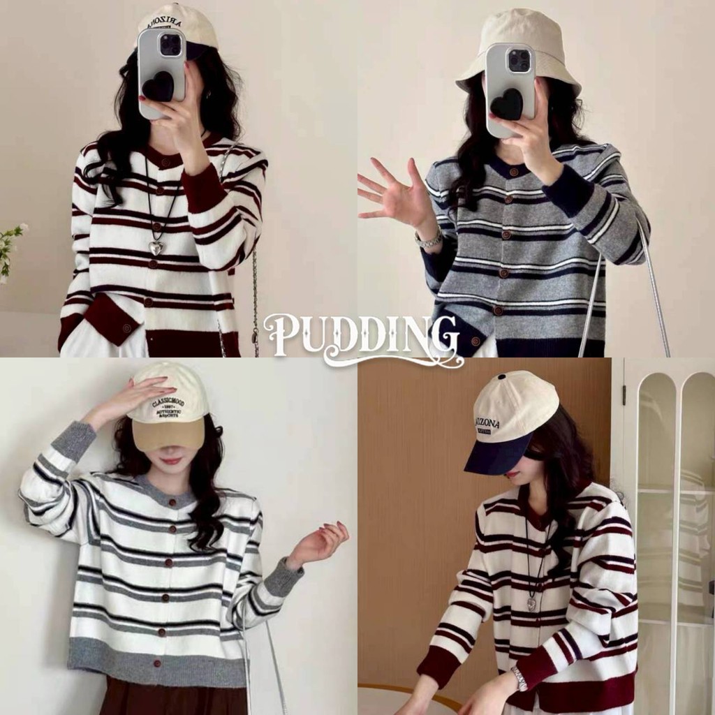 PUDDING พร้อมส่ง เสื้อแขนยาว คาร์ดิแกนไหมพรม คอกลม ดีเทลแต่งลายทางสีพื้นผ้านุ่มนิ่มๆ-W-K086
