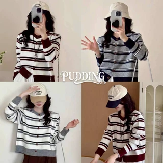 PUDDING พร้อมส่ง เสื้อแขนยาว คาร์ดิแกนไหมพรม คอกลม ดีเทลแต่งลายทางสีพื้นผ้านุ่มนิ่มๆ-W-K086