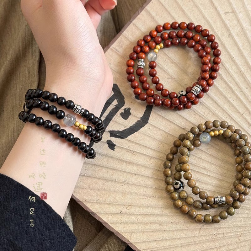 สร้อยข้อมือ Retro ไม้จันทน์และหิน Agate สำหรับผู้หญิง แบบ.Multi-Circle เครื่องประดับมือ Dzi