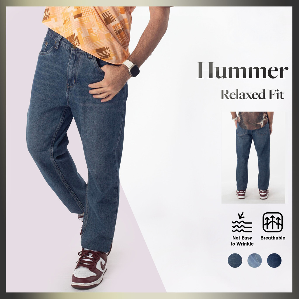 HUMMER กางเกงยีนส์ทรงหลวมสําหรับผู้ชาย – ผ้าหนา 430gsm สีฟ้า H0004