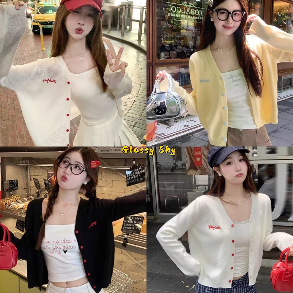 Glassy Sky พร้อมส่ง เสื้อคาร์ดิแกรนแขนยาว ผ้าไหมพรม สีน่ารักใส่สบาย เกาหลีมาก ใส่สบาย(Z-K117)
