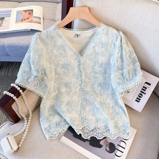 ส่งไวจากไทย⭐Summer⭐S-3XL เสื้อเชิ้ตผ้าลูกไม้แขนสั้นลายปักสไตล์สตรีสำหรับฤดูร้อน