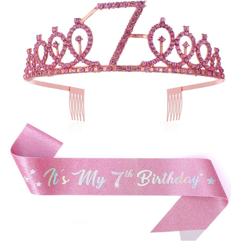 7th Birthday Crown & Birthday Sash Set,7th Birthday Gifts for Girl 7th Birthday Decorative Girl
