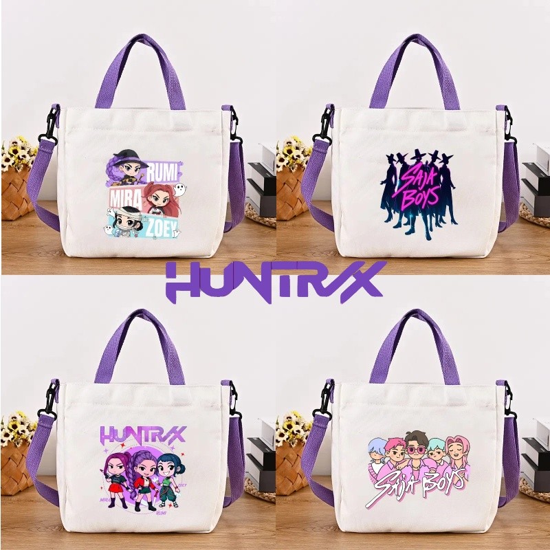 KPop Demon Hunters กระเป๋าสะพายและถือสีม่วง สไตล์แฟชั่นยอดนิยม สำหรับช้อปปิ้งทำจากผ้าใบ