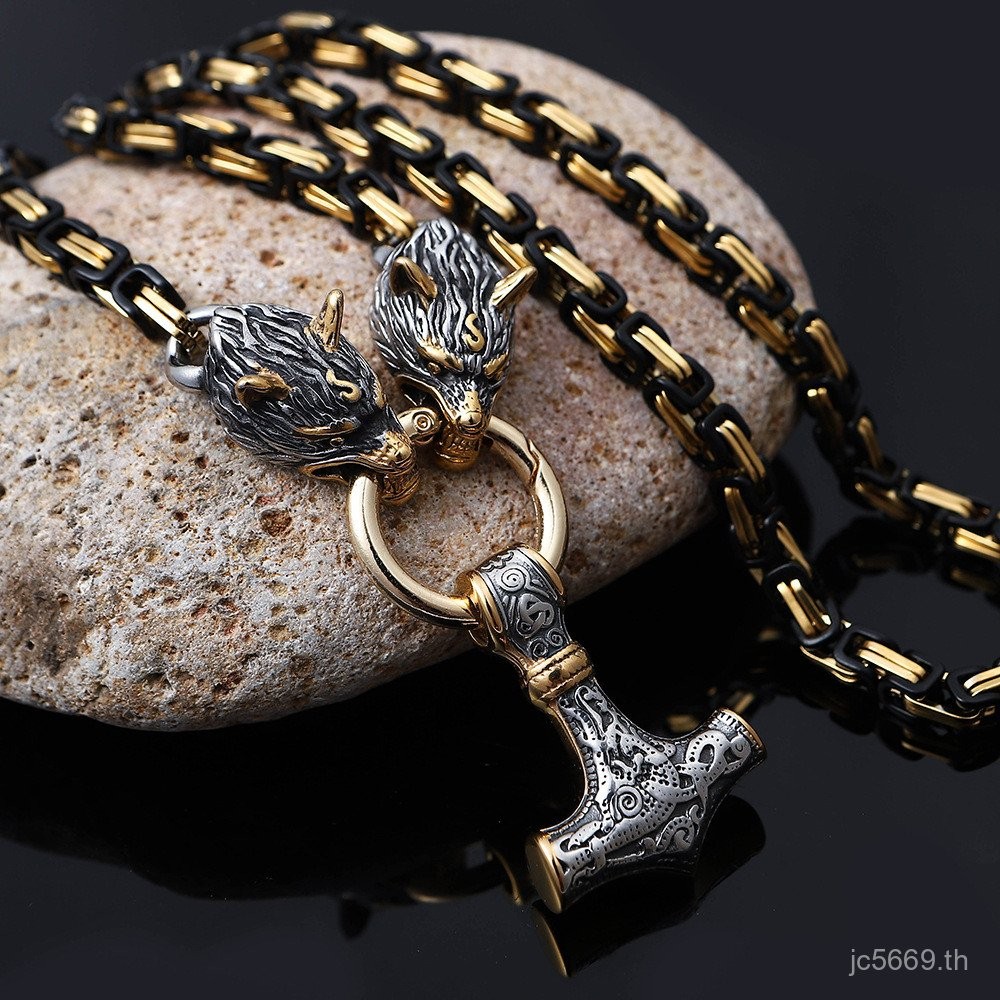 สร้อยคอหมาป่าหัวโซ่ทองสีดำแบบไวกิ้ง พร้อมจี้ค้อนธอร์ nordic vgc