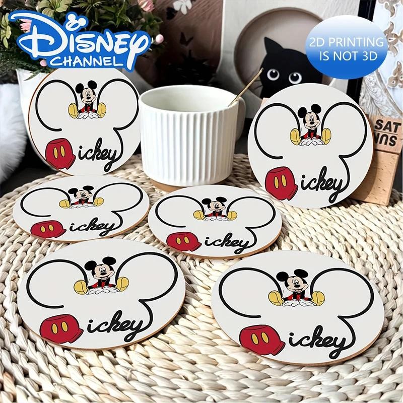 6 ชิ้น 2D การพิมพ์ไม้มิกกี้เมาส์ Minnie themed coasters เหมาะสําหรับร้านกาแฟสํานักงานตกแต่งของขวัญอเนกประสงค์