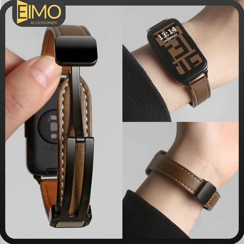 สายหนังแม่เหล็ก for Smartwatch Huawei Band 11/11 Pro 10 9 8 NFC แบนด์สปอร์ทที่หายใจได้ สายแทน for Huawei Band 10 9 8