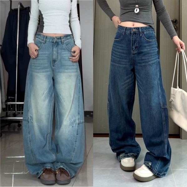 GHAOHES กางเกงยีนส์สไตร์อเมริกันวินเทจหลวมขนาดใหญ่ทรงมีดเคียว #6632