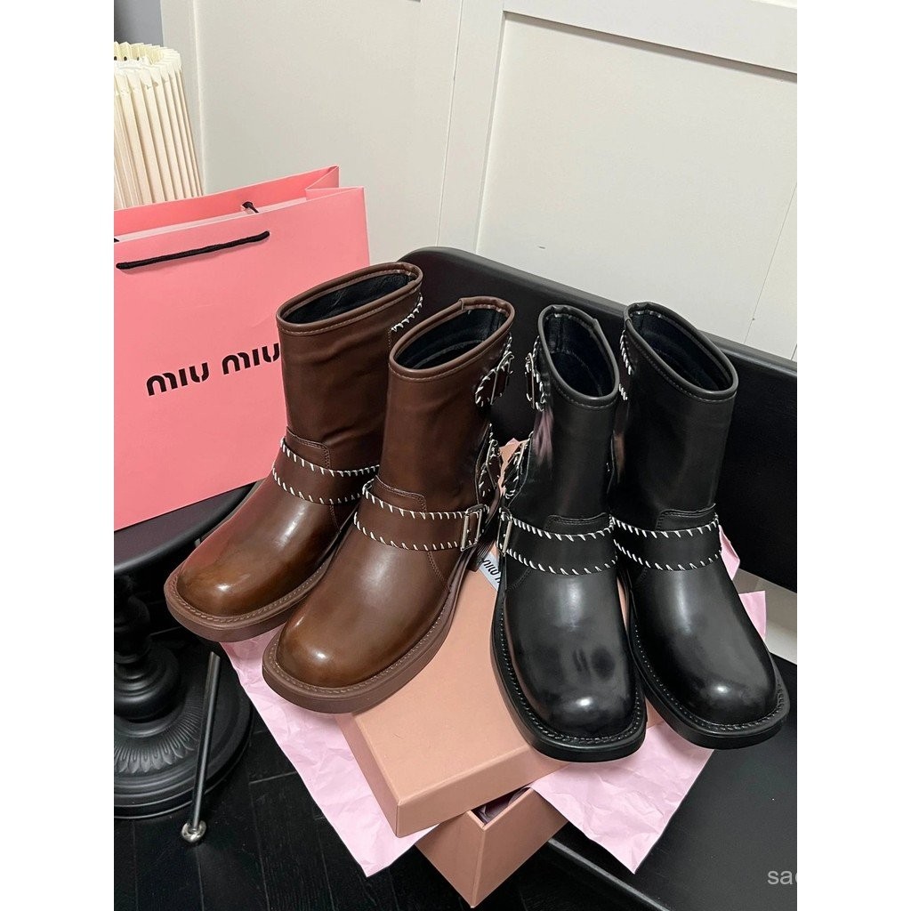 Miumiu ss ฤดูใบไม้ร่วงฤดูหนาวผลิตภัณฑ์ใหม่ Limited Edition รองเท้าบูทสั้น miu Series Global Limited 