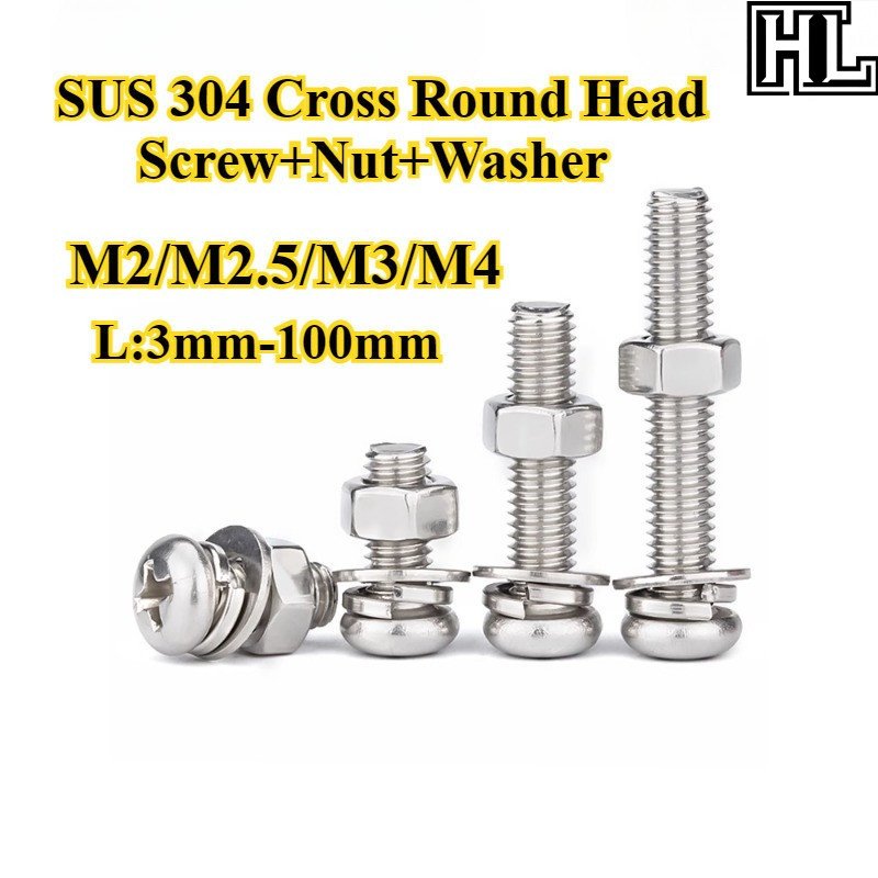 [HL-YTLS] SUS 304, สกรูหัวกลมแฉก + น็อตหกเหลี่ยม + เครื่องซักผ้าสี่ชิ้นผสม M2/M2.5/M3/M4 ชุดน็อตสกรูหัวกระทะไขว้, สกรูเฟอร์นิเจอร์, ความยาว 3 มม.-100 มม.