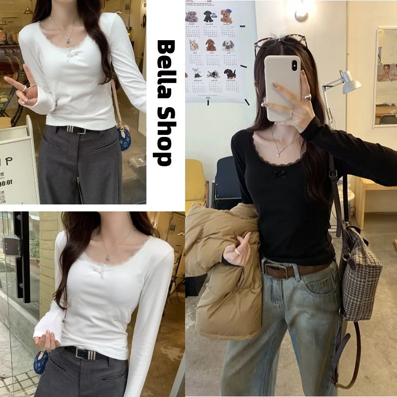 Bella Shop เสื้อยืดแขนยาวผ้าลูกไม้ลายหวานสำหรับผู้หญิง เสื้อสีขาวเข้ารูปเข้ารูป สวมใส่ได้หลายโอกาส