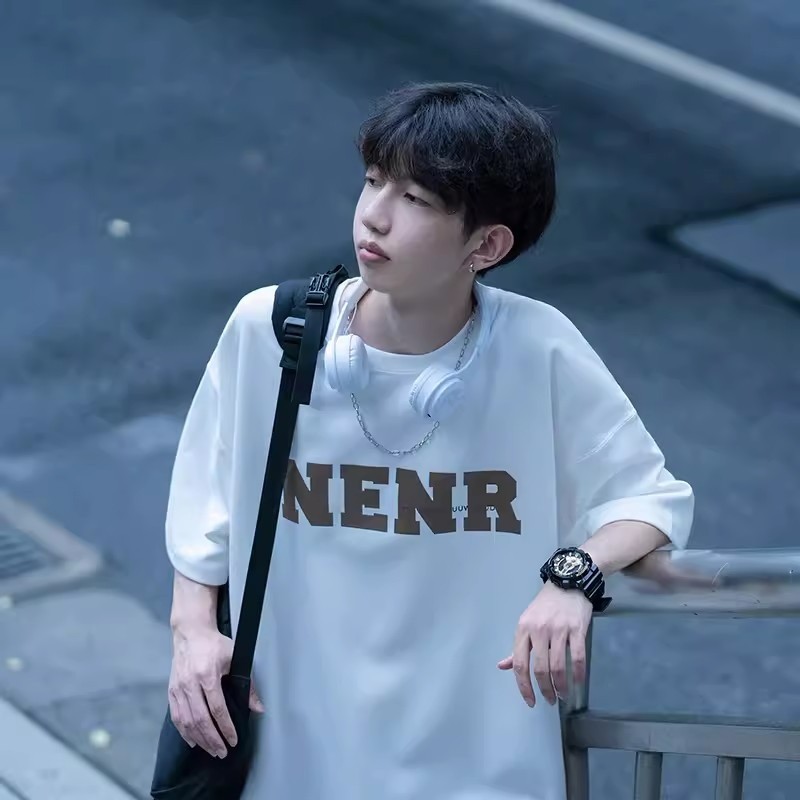 2025 NEW 2025 100% Heavy Cotton Youth Short Sleeve T-Shirt Men Summer Loose Hong Kong Style Half Sle