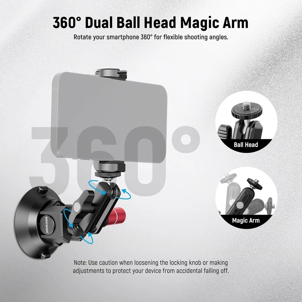NEEWER CA104 3 "ถ้วยดูดกล้อง – Ball Head Magic Arm, 1/4" ARRI Holes, Quick Release Car Mount พร้อมที่วางโทรศัพท์/อะแดปเตอร์ Action Cam สําหรับ iPhone/GoPro/DJI/Insta360 thumbnail 6