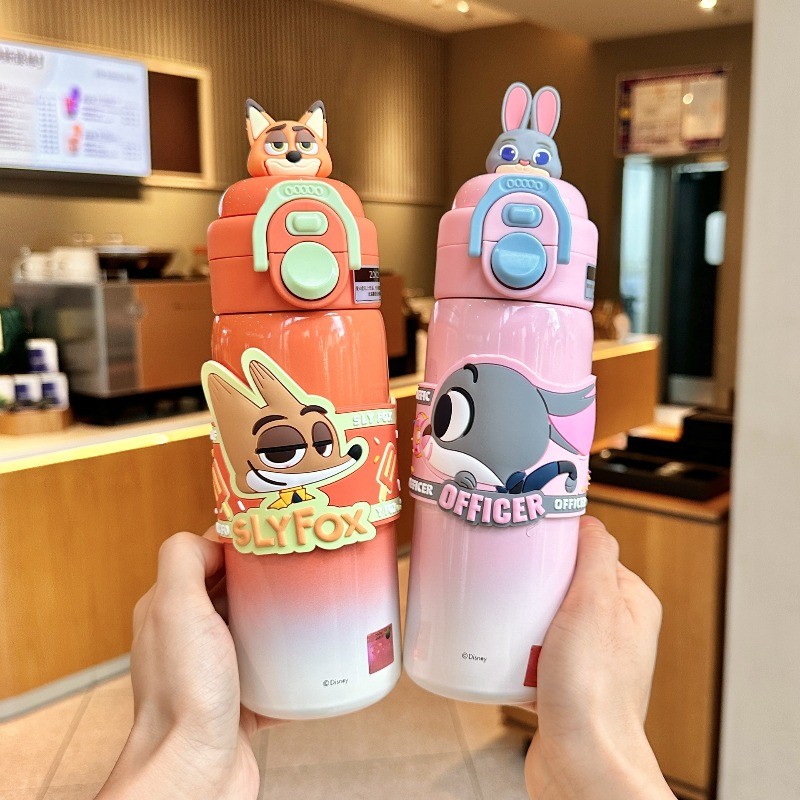500ml Zootopia Nick Judy Hopps Thermos Multi-Functional Dual-Drinking Straw Cup ความจุขนาดใหญ่ถ้วยดื่มเด็กกีฬากลางแจ้ง