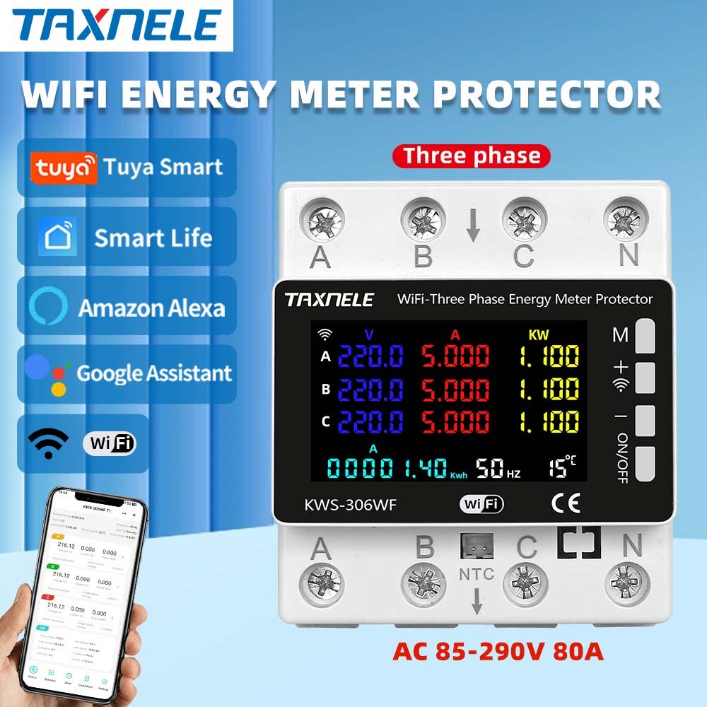 TAXNELE 3 เฟส TUYA Wifi 80A Power Energy Meter Monitor แรงดันไฟฟ้า Protector Meter KWS-306 AC 85-290