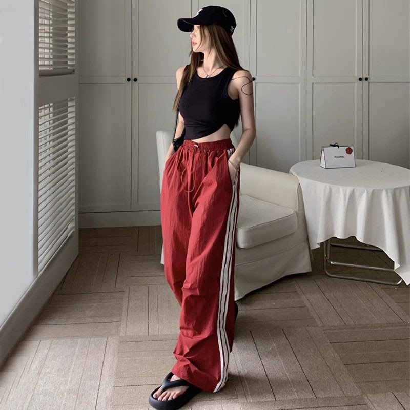Crush Fashion Style Side Stripe Thin Paratrooper Pants Women Loose Wide Leg Straight Street Dance Sp