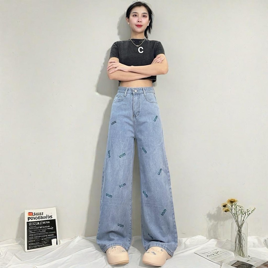 NAMCHAกางเกงยีนส์ กางเกงยีนส์กระบอกใหญ่ ปักลาย #6546