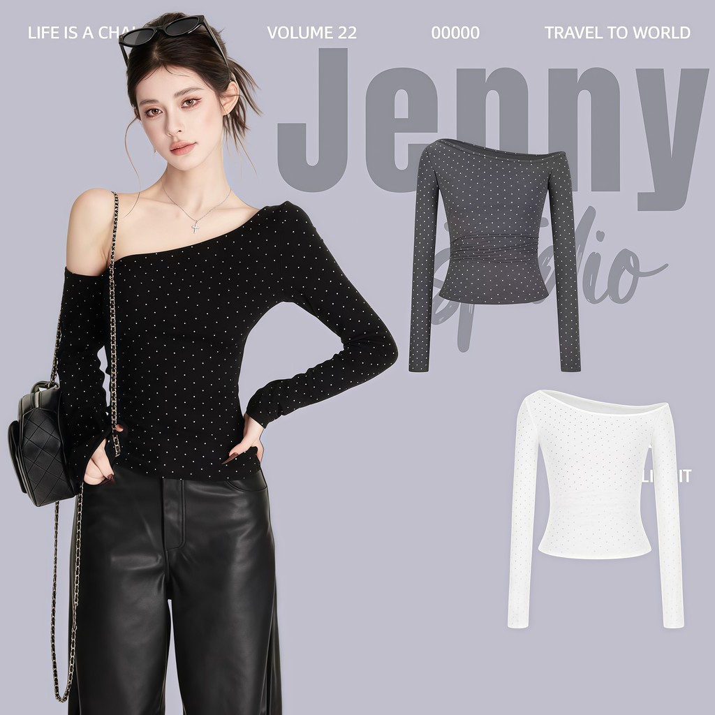 JENNY♠️พร้อมส่ง🦢เสื้อปาด​ไหล่ทรงรัดรูปเสื้อยืดแขนยาว  แต่งตัวง่าย เรียบง่ายติดเพชรสะท้านแสงทั้งตัวแฟนชั้นผู้หญิงสุดฮิต