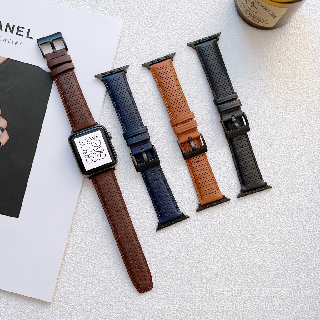 新款创意iwatch45678代表带S8多孔真皮复古头层小牛皮方尾方扣腕