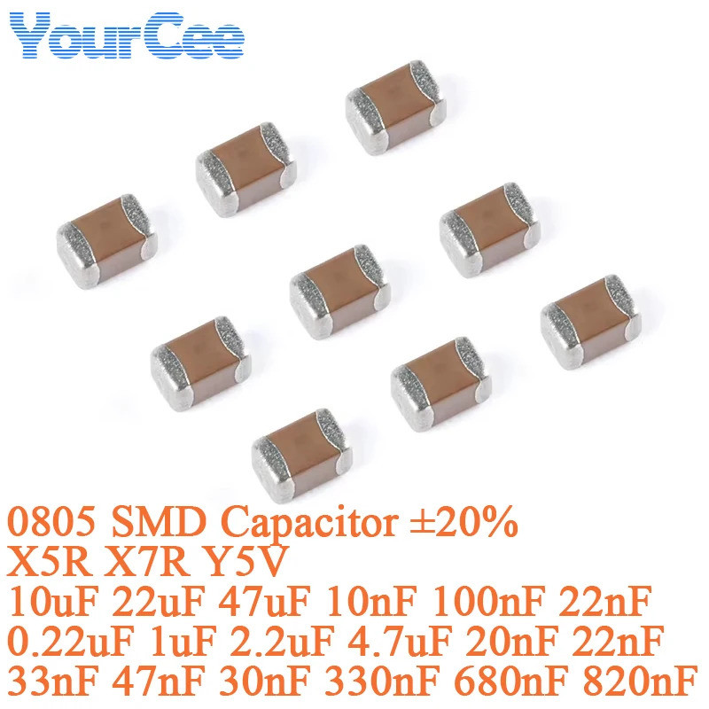 100pcs 0805 ตัวเก็บประจุ SMD ±20% X5R X7R Y5V 10uF 22uF 47uF 10nF 100nF 22nF 0.22uF 1uF 20nF 22nF 33