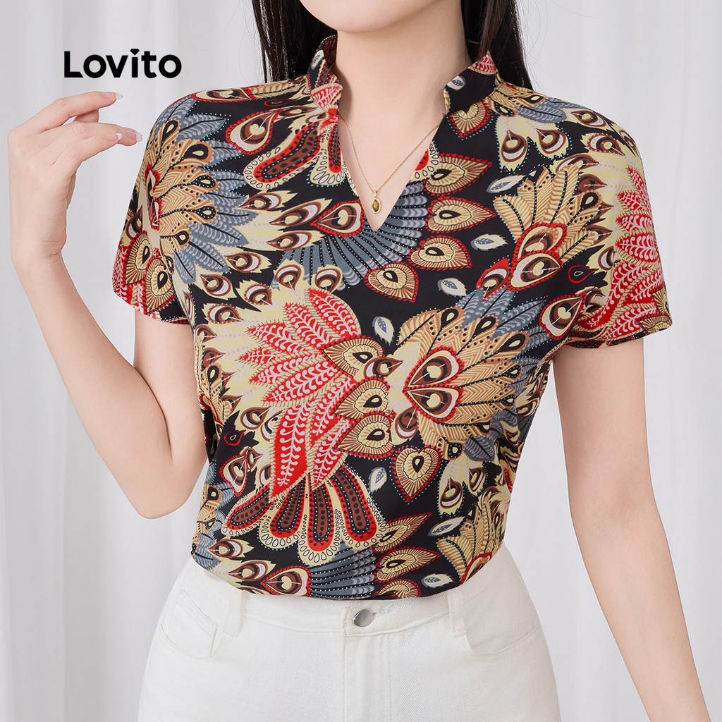 Lovito เสื้อบาหลีพับได้ แขนสั้น ฤดูใบไม้ผลิ/ฤดูร้อน สำหรับผู้หญิง L142ED448