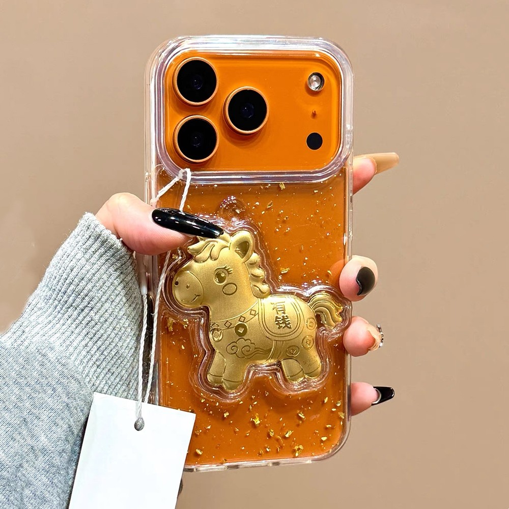 3D Horse Goldleaf เรซิ่นเคสโทรศัพท์สําหรับ iPhone 17 Pro Max 17 Air 16 Plus 15 14 13 12 11 กันกระแทกป้องกันปลอก