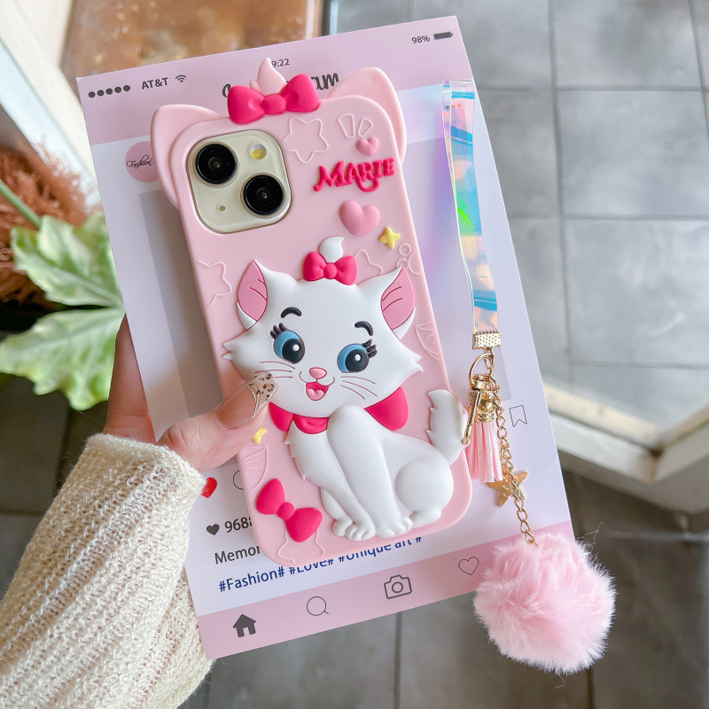 3D การ์ตูนสีชมพู Mary cat เคสโทรศัพท์ซิลิโคนสําหรับ iPhone 13 14 15 16 17 Pro Max ปลอกเชือกแขวนซิลิโคนอ่อนนุ่มฝาครอบป้องกันสําหรับ iPhone17 กรณี