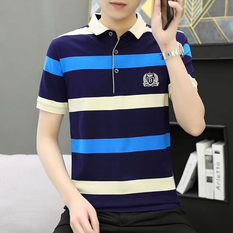 Chaistyle ฤดูร้อนผ้าฝ้ายคอปกแขนสั้น  เสื้อโปโลลาย   สีต่อ  สันทนาการ  บ้าน