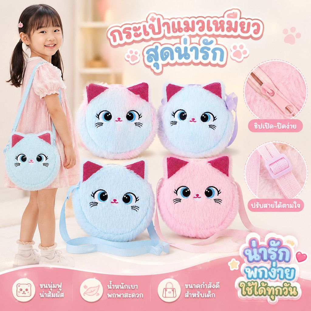 ปุยแมว ค โรสบอดี กระเป๋าสําหรับเด็กการ์ตูนลูกแมวเหรียญกระเป๋าอนุบาลน่ารักตุ๊กตากระเป๋าสะพายของขวัญ