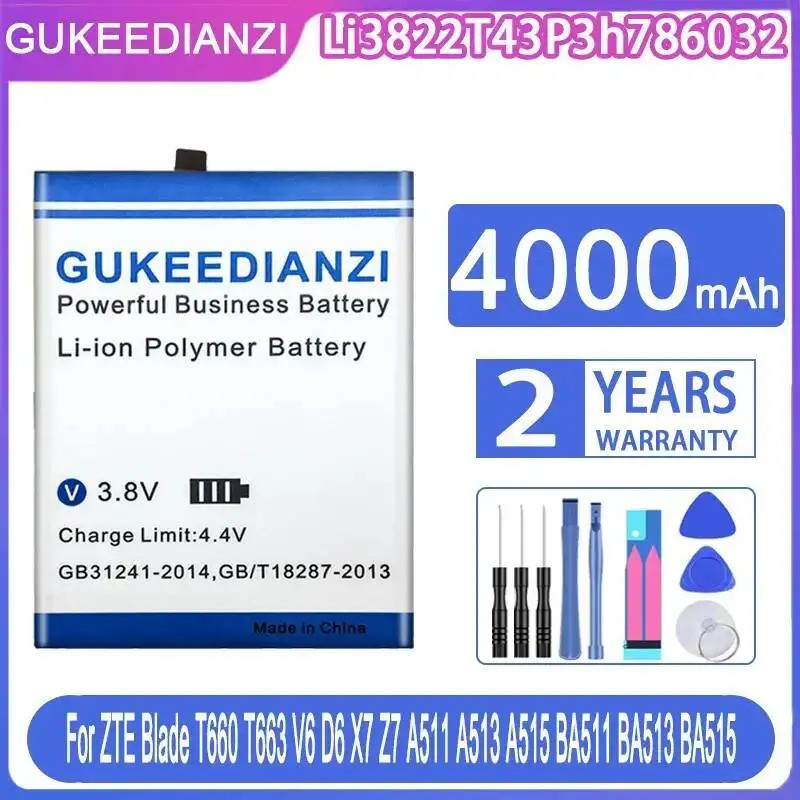 แบตเตอรี่โทรศัพท์มือถือ Li3822T43P3h786032 4000mAh สําหรับ Zte ใบมีด T660 T663 V6 D6 X7 Z7 A511 A513