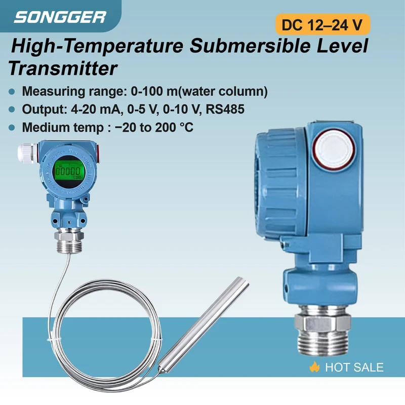 อุณหภูมิสูง Submersible Liquid Level Sensor สแตนเลส Probe พร้อมสาย DC 12-24V 0-100m 4-20mA 0-5V RS48