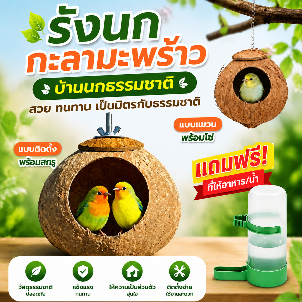 รังนกกะลามะพร้าวธรรมชาติ บ้านแขวนสำหรับเลิฟเบิร์ด ค็อกคาเทล และนกเล็ก