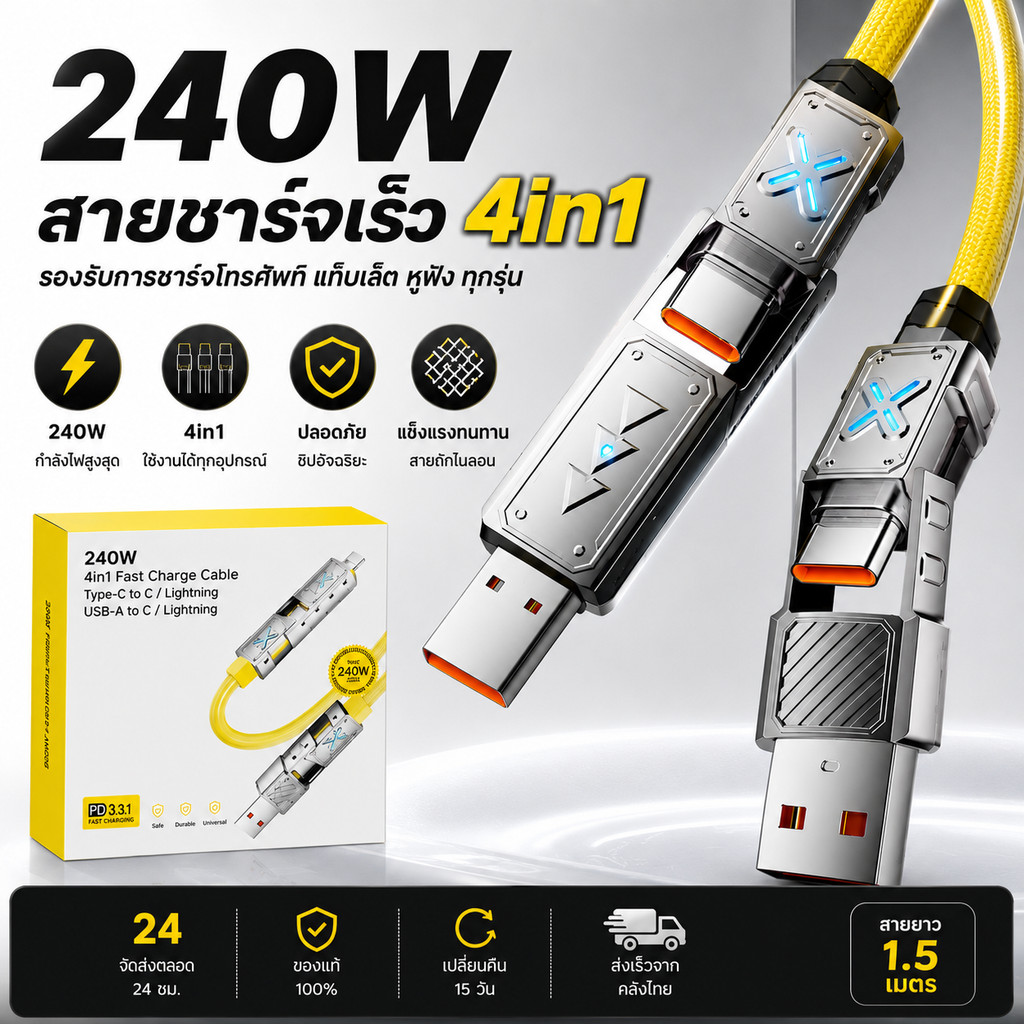 ZJ HOME สายชาร์จ4in1 รองรับ240W ชาร์จสุดเร็ว ทำจากซิลิโคนยืดหยุ่น ยาว1.5เมตร รองรับทุกพอร์ตอุปกรณ์