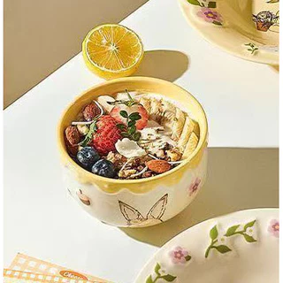 【พร้อมส่ง】ชามเซรามิกรูปกระต่ายน่ารัก 4.5 นิ้ว ถ้วยมัทฉะเซรามิก ลายสวนดอกไม้ ชามขนม ชามผลไม้