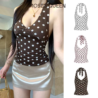 MOSESQUEEN เสื้อกล้ามคล้องคอลายจุดความปรารถนาบริสุทธิ์ในรูปแบบใหม่สําหรับใส่ด้านนอก - เสื้อโชว์สุดเซ็กซี่สําหรับเด็กผู้หญิง #63734
