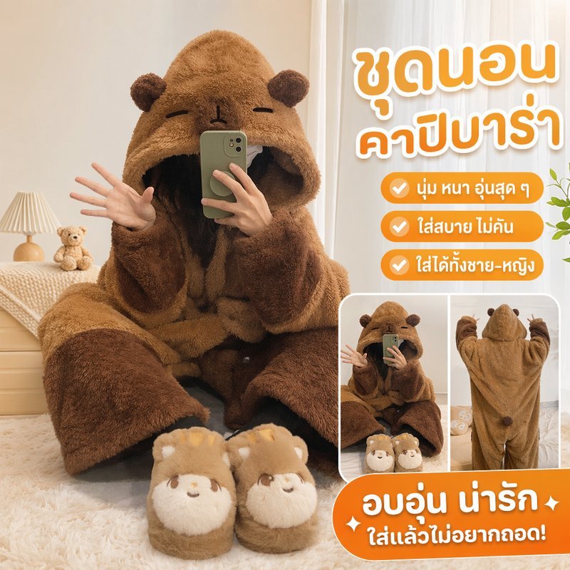 ชุดนอนคาปิบาร่า ชุดมาสคอตการ์ตูน ผู้หญิง ผ้าขนแกะนุ่ม หนา อบอุ่น คอสเพลย์ พร้อมกางเกง