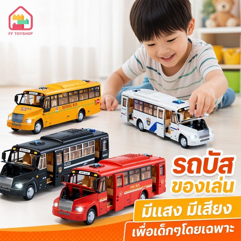 รถบัสของเล่นดึงถอยหลัง มีไฟมีเสียง เปิดประตูได้ รถตำรวจ รถดับเพลิง รถโรงเรียน สำหรับเด็ก