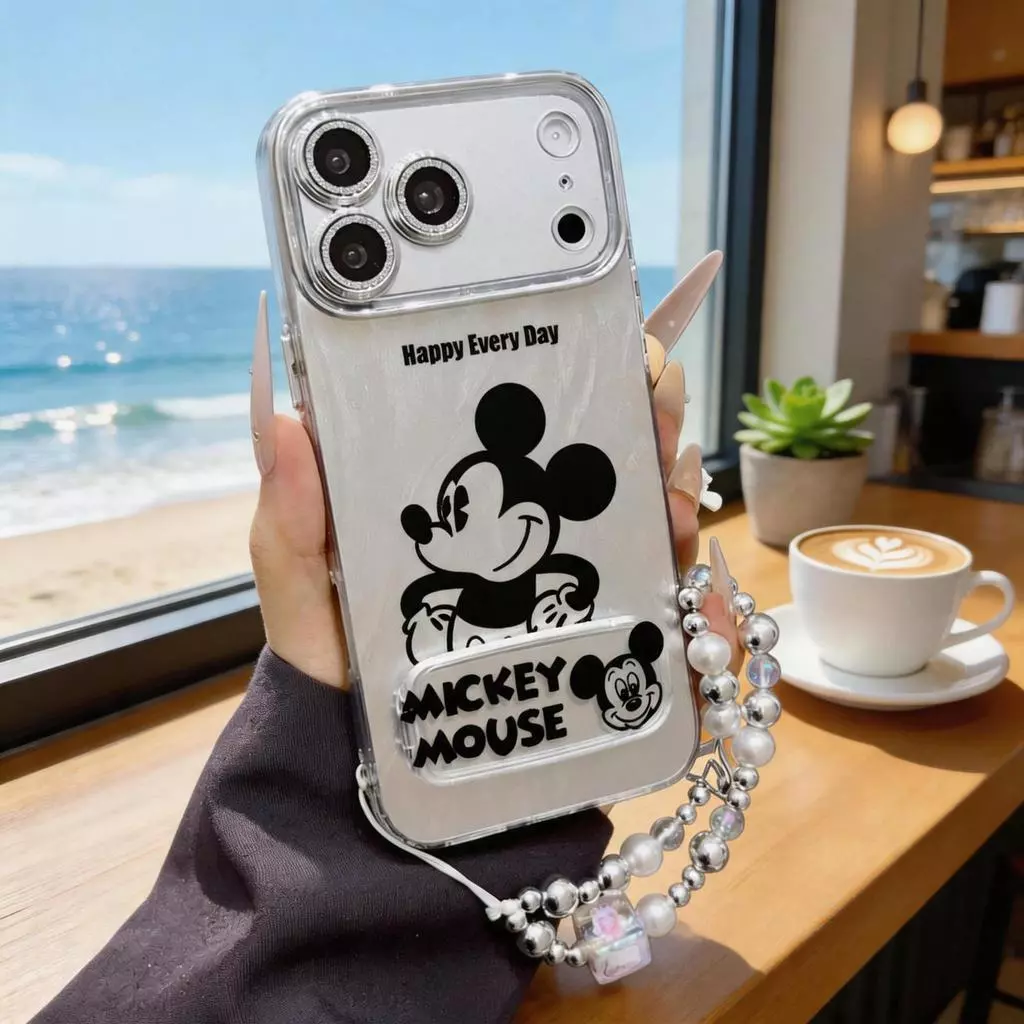 เคสไอโฟน ป้องกันเลนส์ ลายมิกกี้เมาส์ มีขาตั้ง แถมสร้อยมุก สำหรับไอโฟน iPhone 11 13 15 17 Pro Max พร้อมส่งLRYSJK41