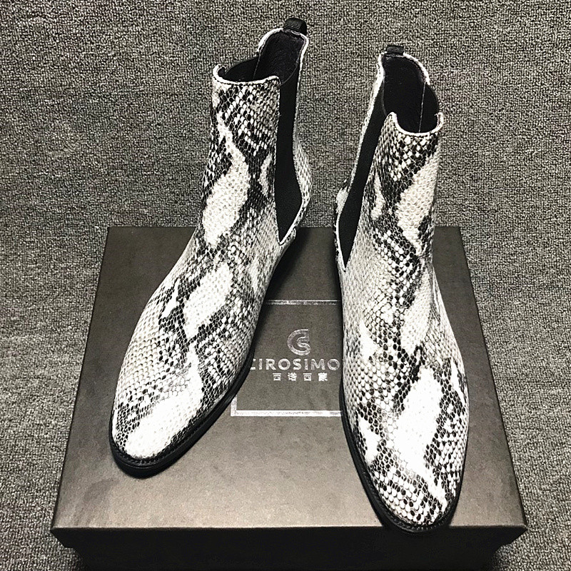 CHELSA Boots รองเท้าบูทสั้นผู้ชาย Martin Boots CHELSEA BOOT High-End Handmade สีดําสีขาวงูพิมพ์ของแท
