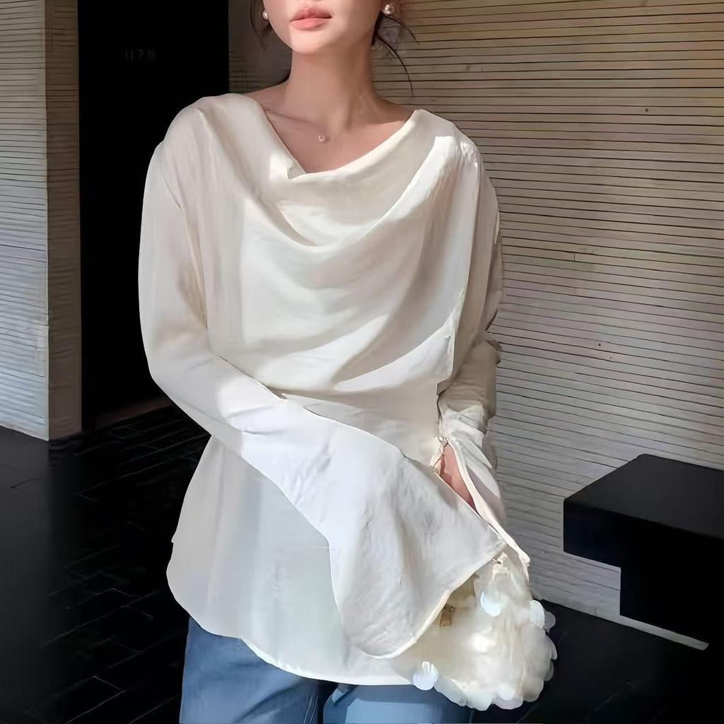 เสื้อคลุมคอกลมผ้าเดรปผ้าซาตินสําหรับผู้หญิงแขนกระดิ่งตัวยาวพร้อมเสื้อเอวเข้ารูปดีไซน์เก๋ผ้านุ่มลื่นใส่สบายอเนกประสงค์