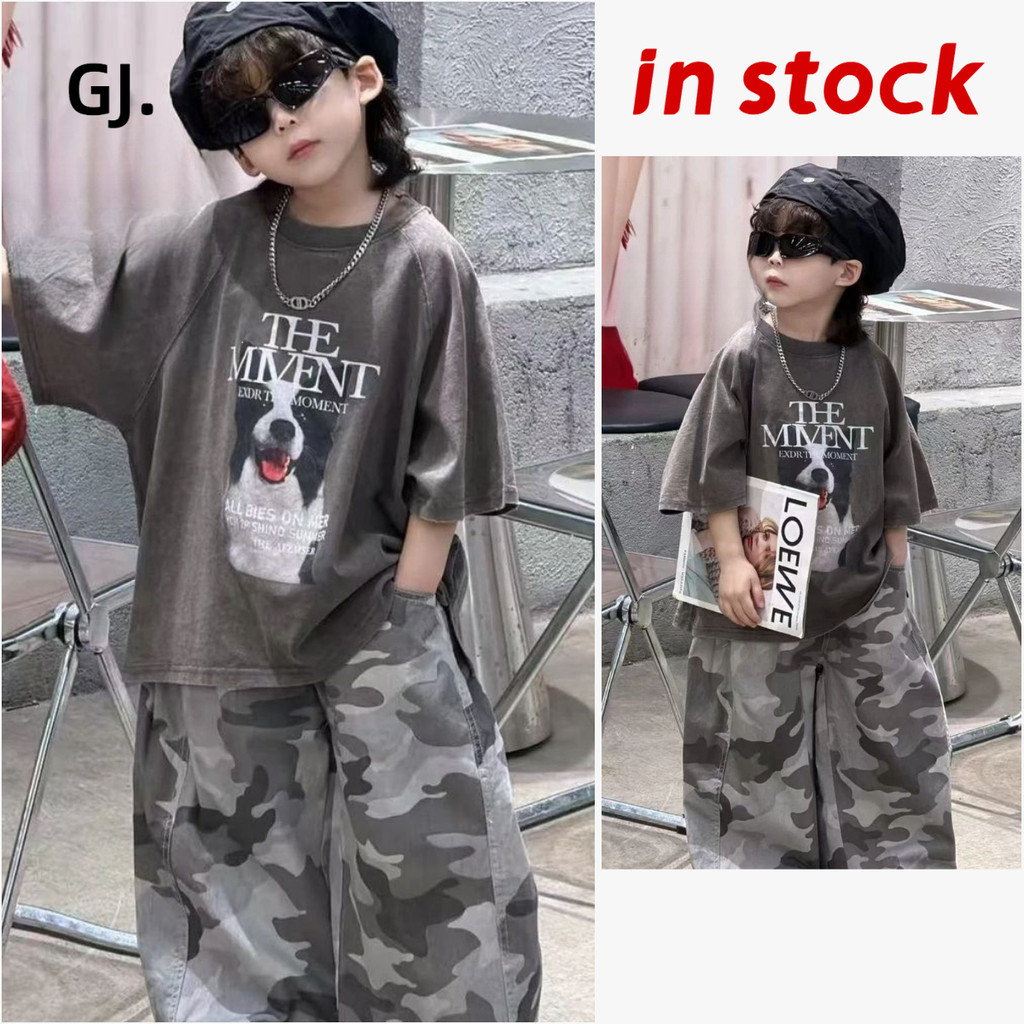 [GJ.] (พร้อมสต็อก) เสื้อผ้าเด็กผู้ชายสูทฤดูร้อนสไตล์ใหม่เวอร์ชั่นเกาหลีหลวมสบายๆย้อนยุคลูกสุนัขพิมพ์แขนสั้น + กางเกงพรางชุดสองชิ้น พันล้าน0012