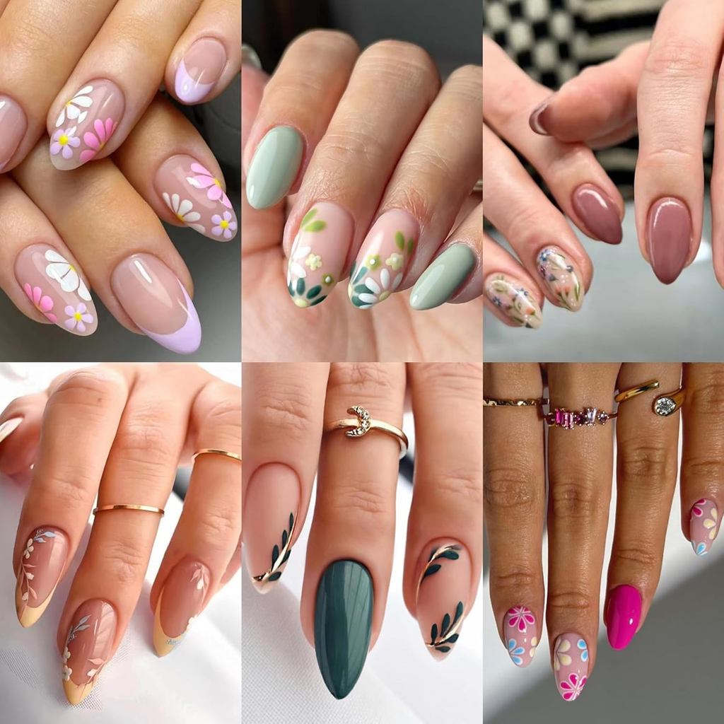 6 แพ็ค (144 ชิ้น) Almond, Flower & Leaf Press on Nails - สั้น, ขนาดกลาง - 6 รูปแบบ - ชุดเล็บปลอมสําห