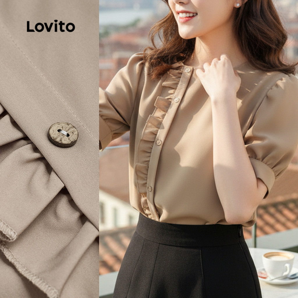 Lovito สง่างาม เสื้อเชิ้ตผู้หญิง แต่งขอบ lettuce สำหรับฤดูใบไม้ผลิ/ฤดูร้อน สีกากี L154ED195