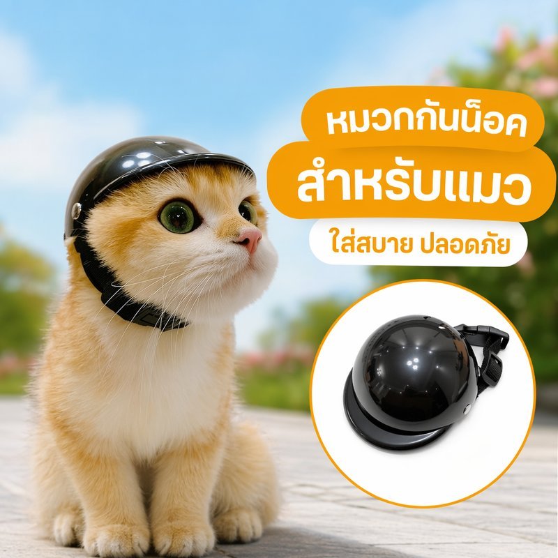 หมวกกันน็อคสัตว์เลี้ยง หมวกแมว หมวกสุนัข พลาสติก ABS ปรับสายรัดได้ สีดำ