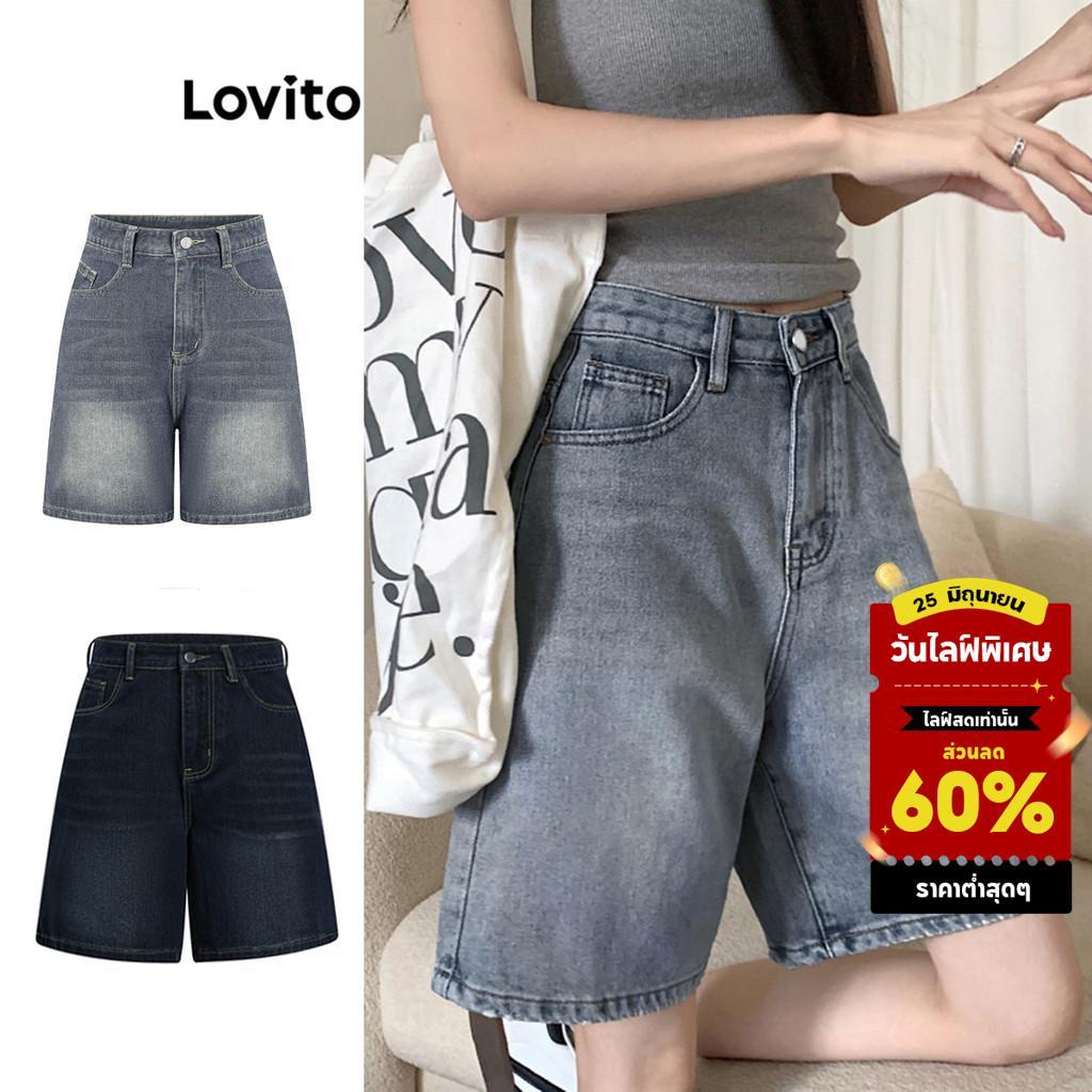 Lovito ลำลอง กระเป๋ากางเกงขาสั้น กางเกงขาสั้นผ้าเดนิมฤดูใบไม้ผลิและฤดูร้อนสําหรับผู้หญิง LNA19020 (หลากสี)