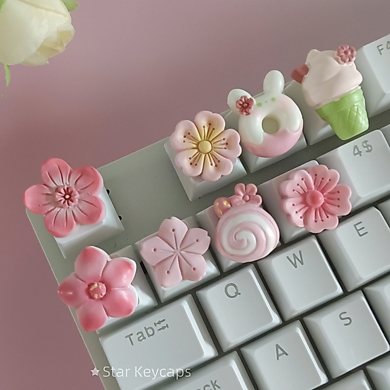 Custom สีชมพู Kawaii Sakura คีย์บอร์ด Keycaps ดอกไม้ Artisan Key Caps สําหรับ Cross Shaft คีย์บอร์ดเกมอุปกรณ์เสริม