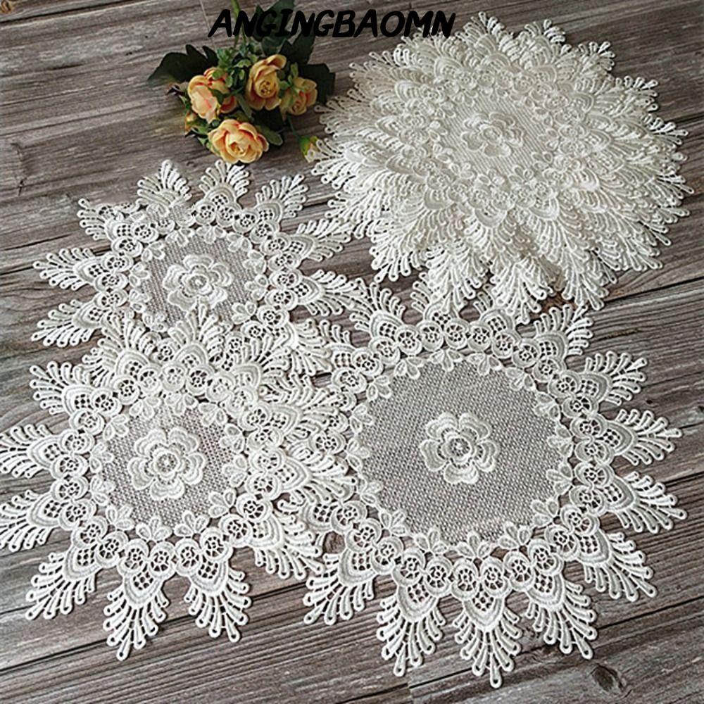 ANGINGBAOMN ผ้าปูโต๊ะ,รอบ Hollow Lace Placemat,เครื่องประดับProp Tea Pad Matลูกไม้สีขาวเย็บปักถักร้อยตารางDoily Christmas Home Decor