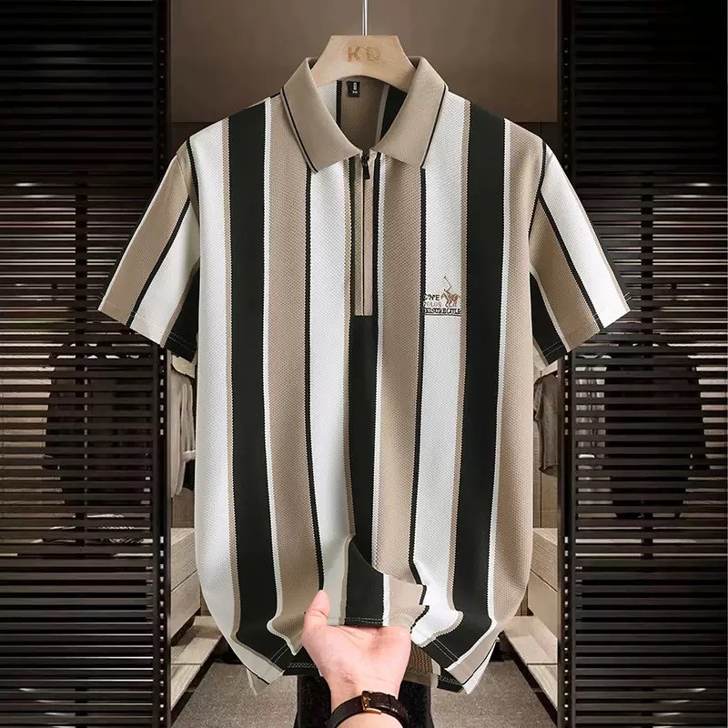 เสื้อเชิ้ตชายแขนสั้น คอปก Polo Shirt ลายทางพิมพ์ มีซิป รูปที่ 2