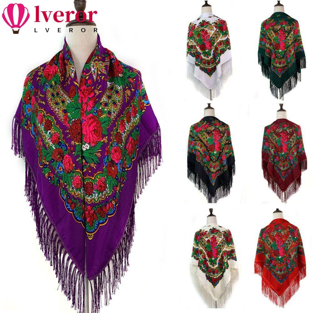 LVEROR ผ้าพันผ้าพันคอ,แฟชั่นขนาดใหญ่สไตล์รัสเซียผ้าพันคอท่อไอเสีย,แบบดั้งเดิม 160*160 ซม.Fringes ดอกไม้ Poncho ผ้าคลุมไหล่ผู้หญิงสวมใส่